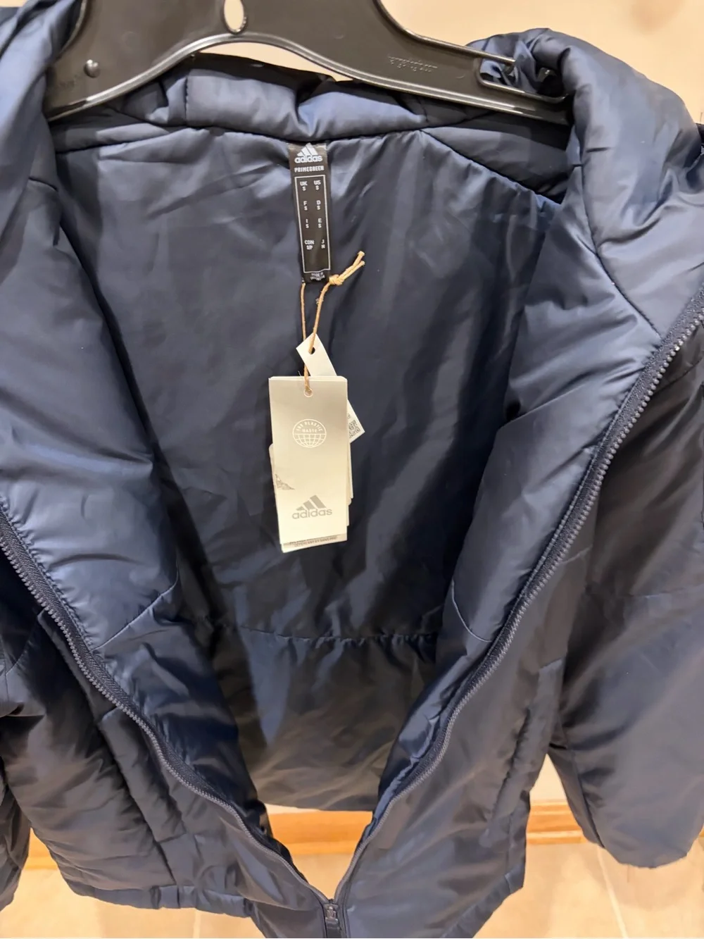 NEW Adidas Mens Small blue Hooded Puffer Jacket 3 stripe lightweight winter coat